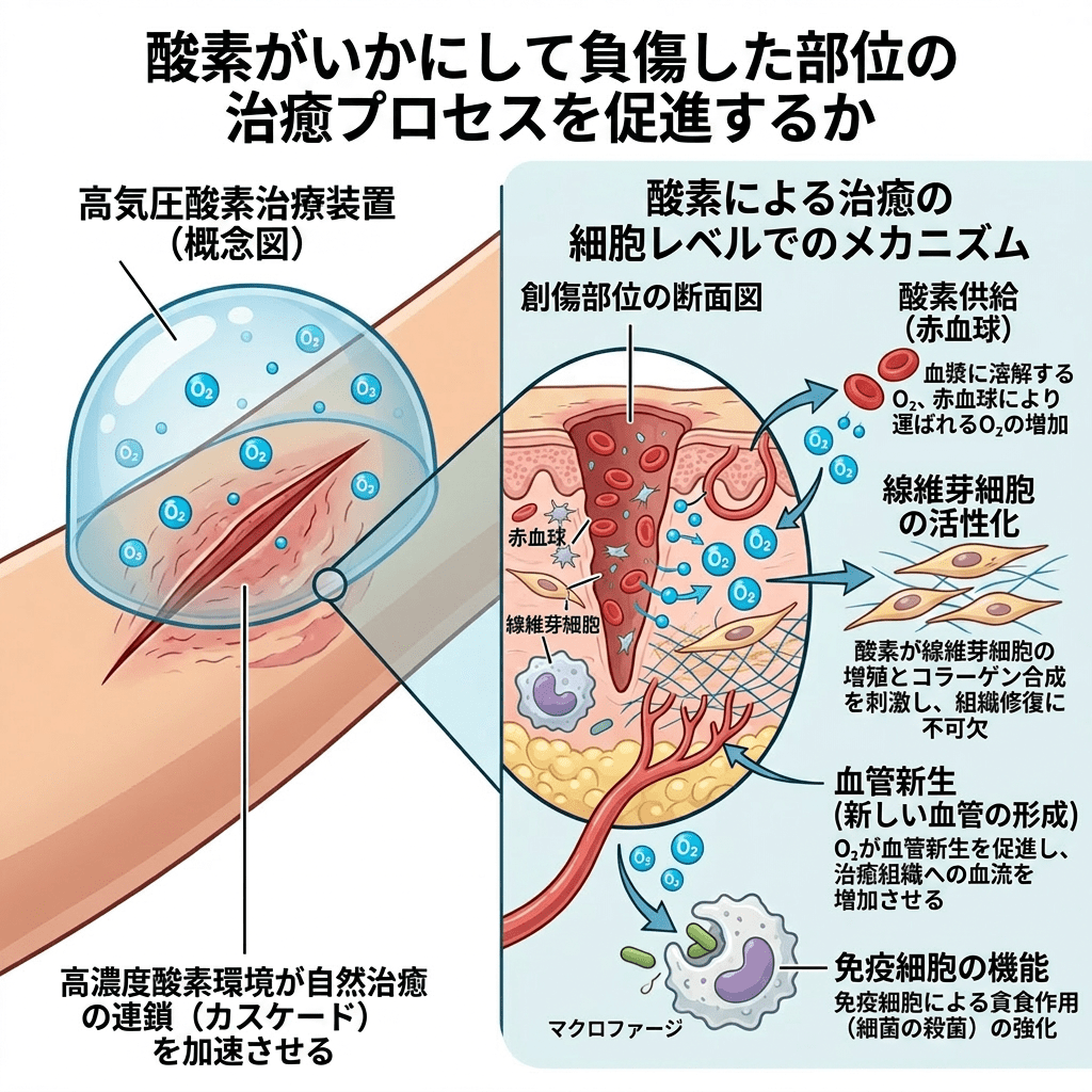 Diagram showing hyperbaric oxygen chamber treatment and oxygen-induced cellular healing mechanisms including fibroblast activation, angiogenesis, and immune cell function.
