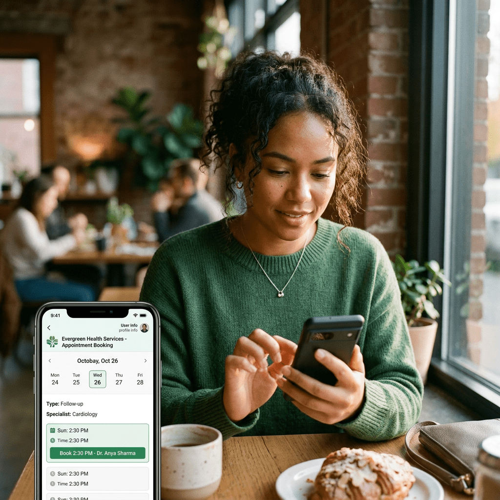 Woman using smartphone to book cardiology follow-up appointment on health app