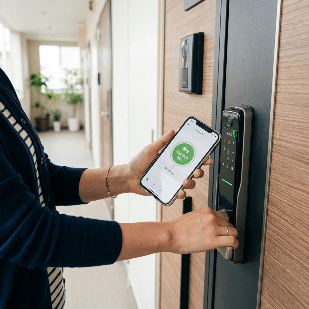 Person unlocking a digital door lock with a smartphone app showing 'UNLOCK'
